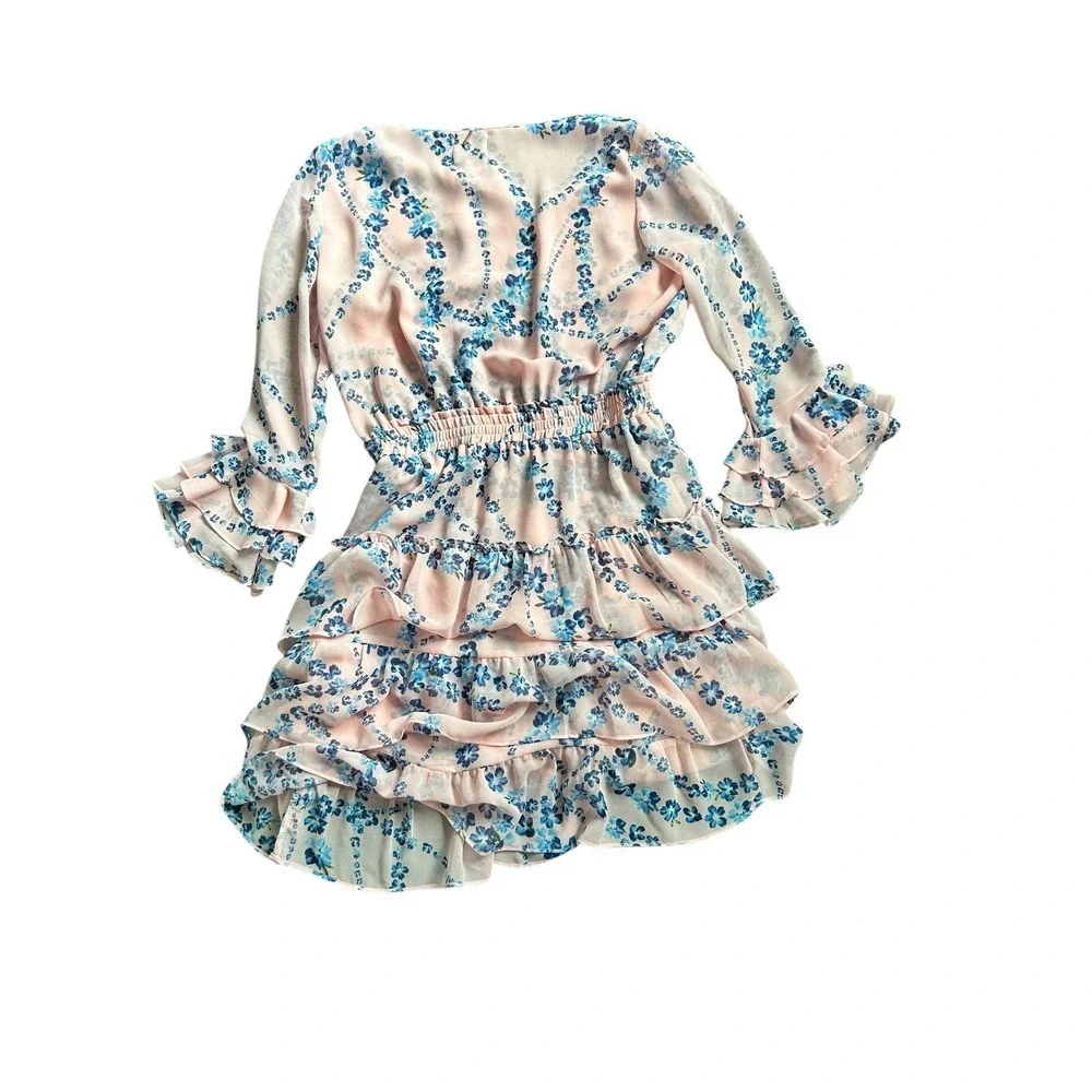 Misa Elle Kids Pink Blue Floral Long Sleeve Ruffle Tiered Dress Size 16‎